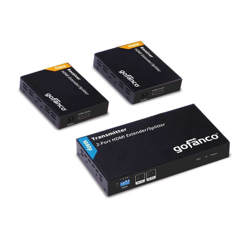 gofanco 1080p 1x2 HDMI Extender Splitter Over CAT5e/6/7 Ethernet Cable - 1080p, Up to 50m/165ft, HDMI Loopout, EDID Management, Bi-Directional IR Control, 1 in 2 Out (HDExt2P-Pro) - Image 1